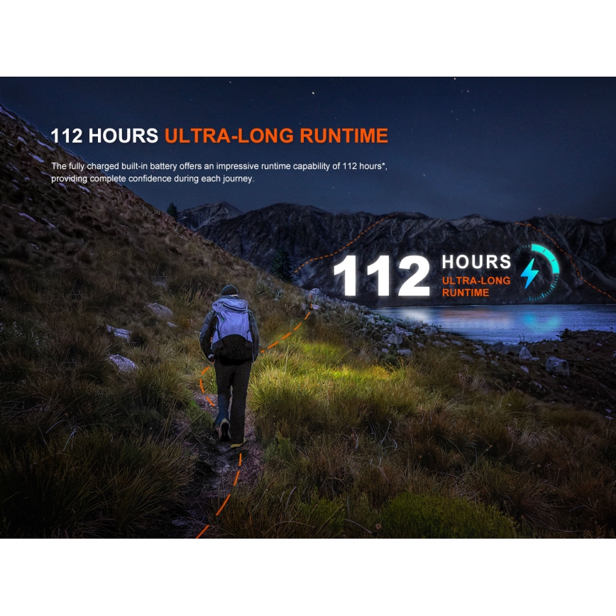 Fenix HL12RV20BLC - Dimmable USB-rechargeable LED headlamp, 950 mAh, IP66, 500 lm, 112 h runtime, black