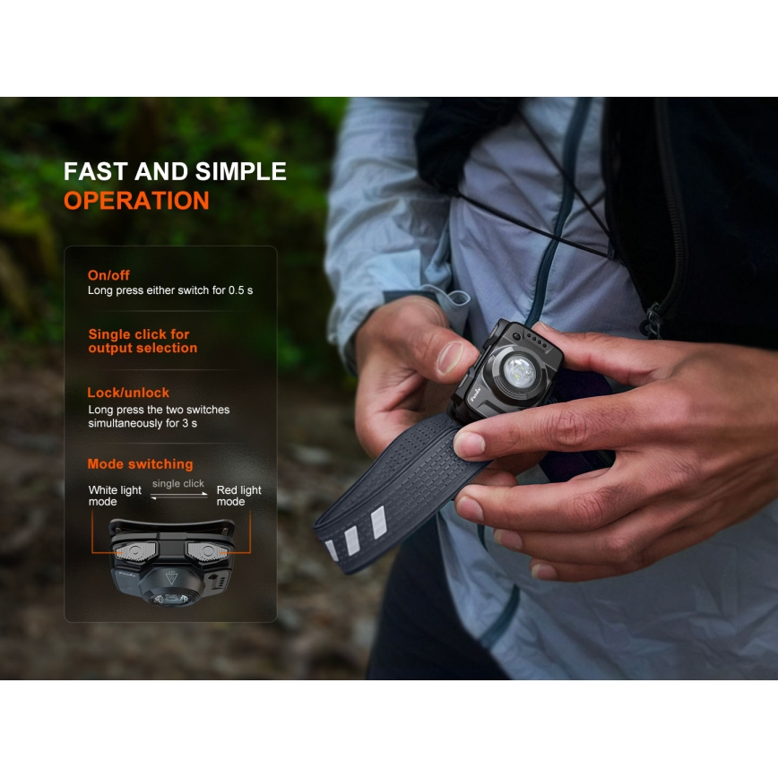 Fenix HL12RV20BLC - Dimmable USB-rechargeable LED headlamp, 950 mAh, IP66, 500 lm, 112 h runtime, black