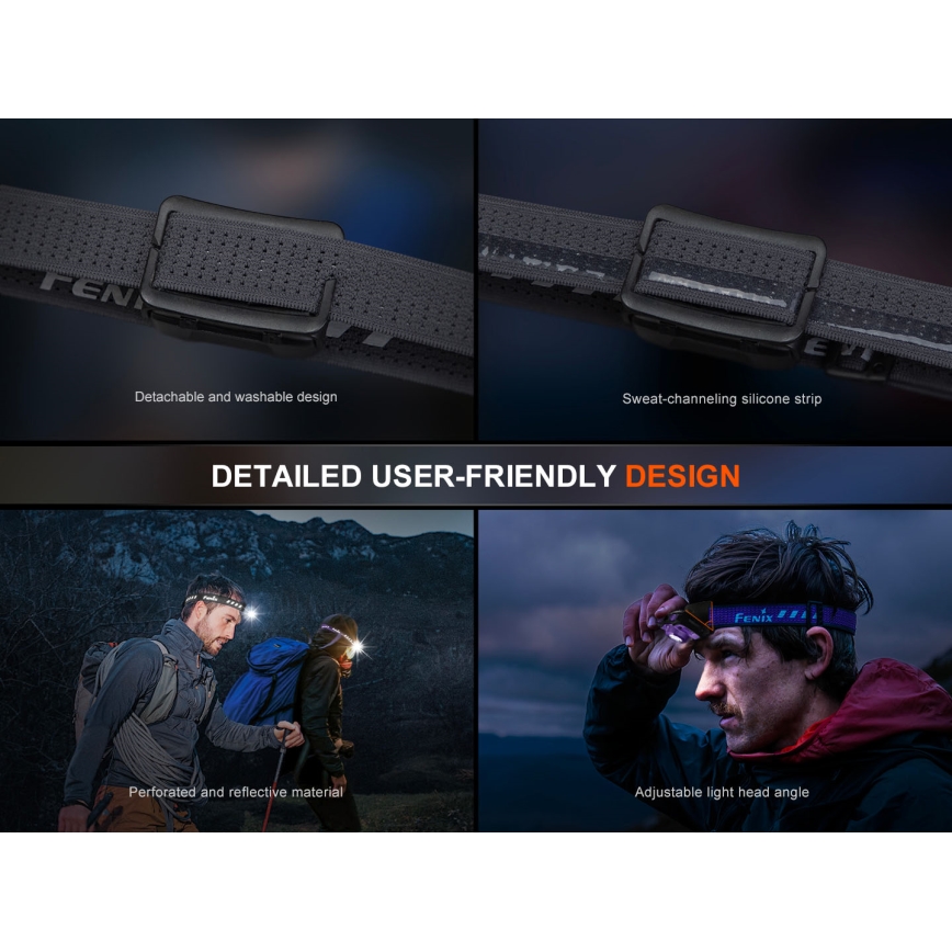 Fenix HL12RV20BLC - Dimmable USB-rechargeable LED headlamp, 950 mAh, IP66, 500 lm, 112 h runtime, black