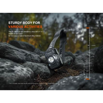 Fenix HL12RV20BLC - Dimmable USB-rechargeable LED headlamp, 950 mAh, IP66, 500 lm, 112 h runtime, black