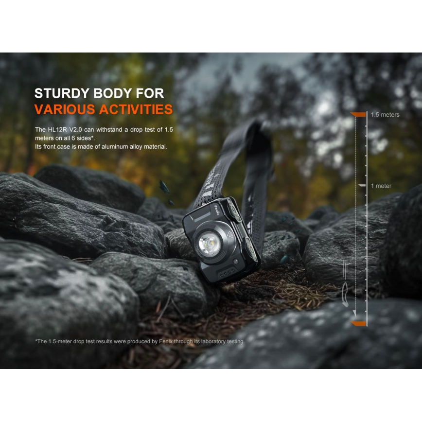 Fenix HL12RV20BLC - Dimmable USB-rechargeable LED headlamp, 950 mAh, IP66, 500 lm, 112 h runtime, black