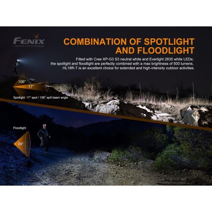 Fenix HL18RTRAIL - LED Rechargeable headlamp LED/3xAAA IP66 500 lm 300 hrs