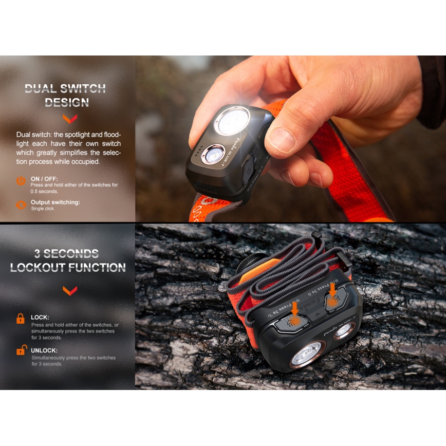 Fenix HL32RTBLCK - LED Rechargeable headlamp LED/USB IP66 800 lm 300 h black/orange