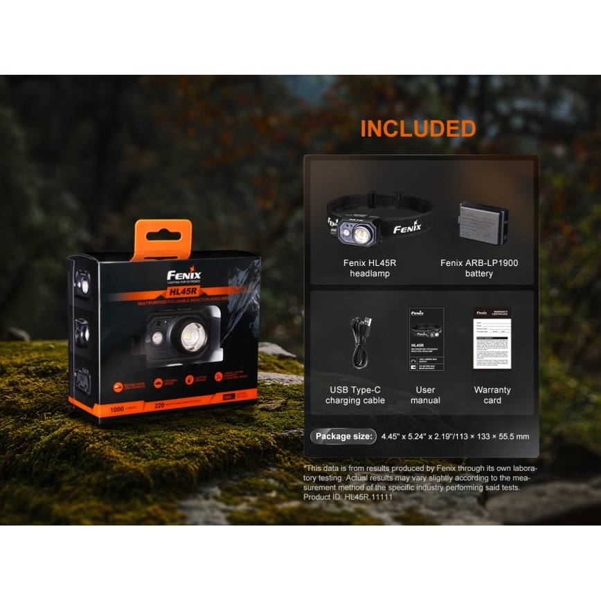 Fenix HL45R - LED Dimmable rechargeable focusing headlamp LED/USB IP66 1000 shiny 240 h black