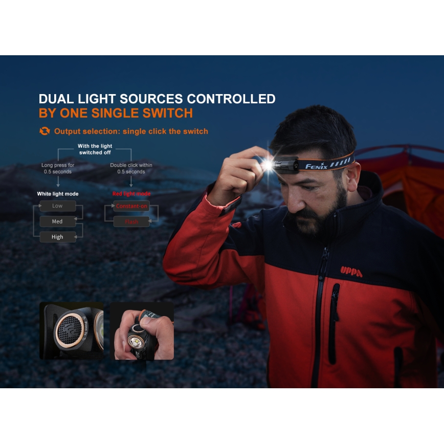 Fenix HM23V20 - LED Dimmable headlamp LED/1xAA IP68 300 lm 100 h