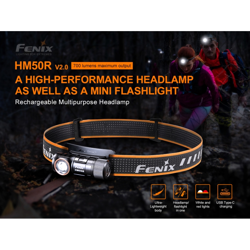 Fenix HM50RV20 - LED Rechargeable headlamp 3xLED/1xCR123A IP68 700 lm 120 hrs