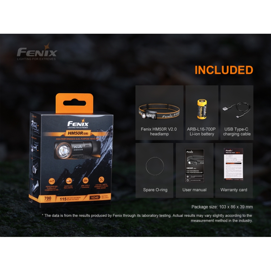Fenix HM50RV20 - LED Rechargeable headlamp 3xLED/1xCR123A IP68 700 lm 120 hrs