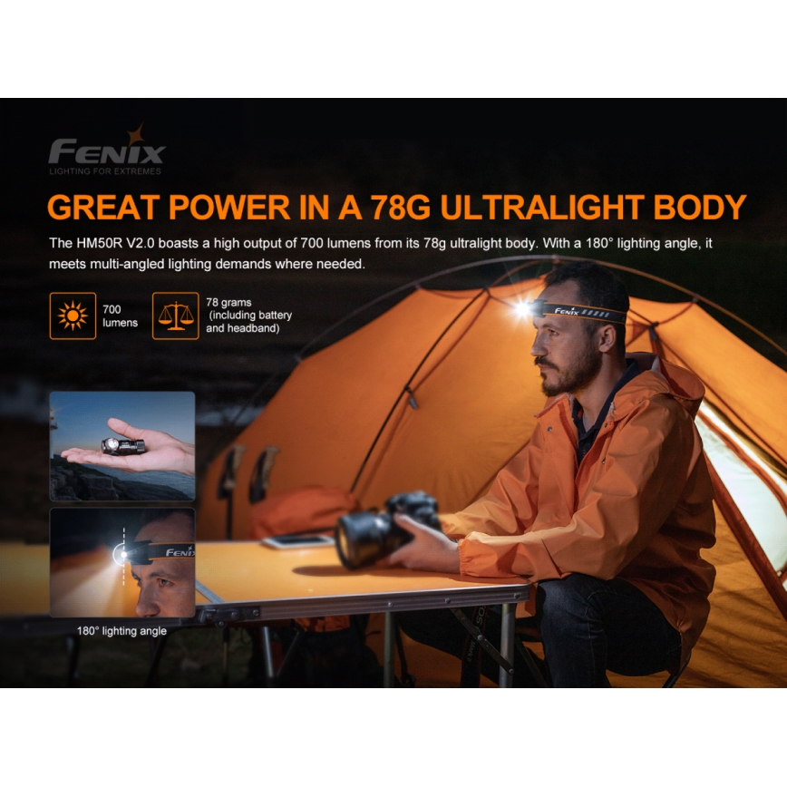 Fenix HM50RV20 - LED Rechargeable headlamp 3xLED/1xCR123A IP68 700 lm 120 hrs