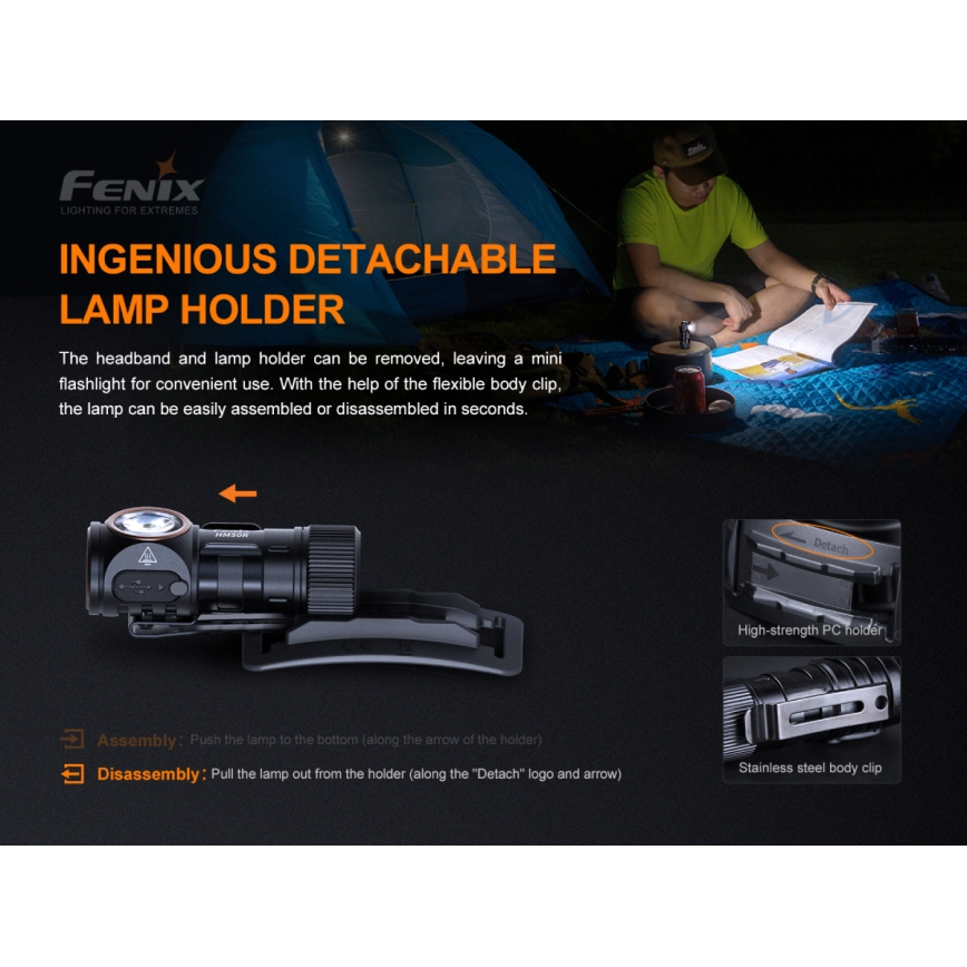 Fenix HM50RV20 - LED Rechargeable headlamp 3xLED/1xCR123A IP68 700 lm 120 hrs