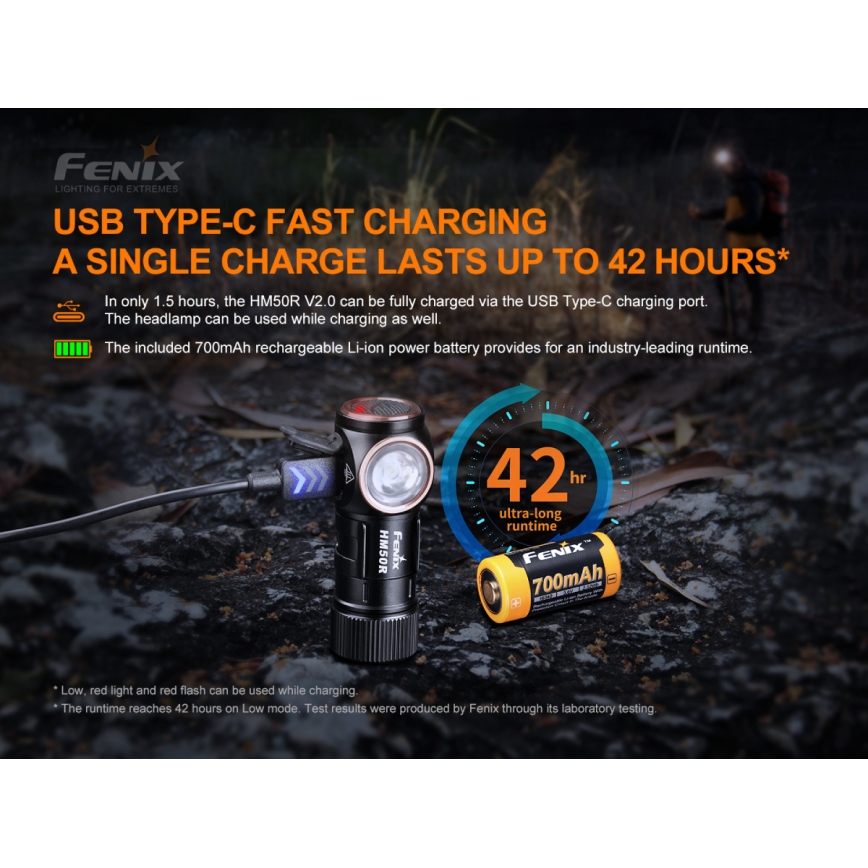Fenix HM50RV20 - LED Rechargeable headlamp 3xLED/1xCR123A IP68 700 lm 120 hrs