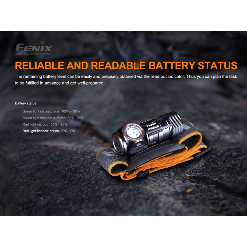 Fenix HM50RV20 - LED Rechargeable headlamp 3xLED/1xCR123A IP68 700 lm 120 hrs