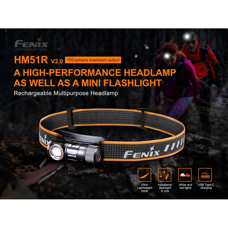Fenix HM51RV20 - LED Rechargeable headlamp 3xLED/1xCR123A IP68 700 lm 120 hrs