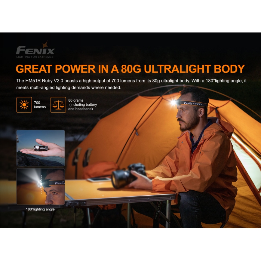 Fenix HM51RV20 - LED Rechargeable headlamp 3xLED/1xCR123A IP68 700 lm 120 hrs