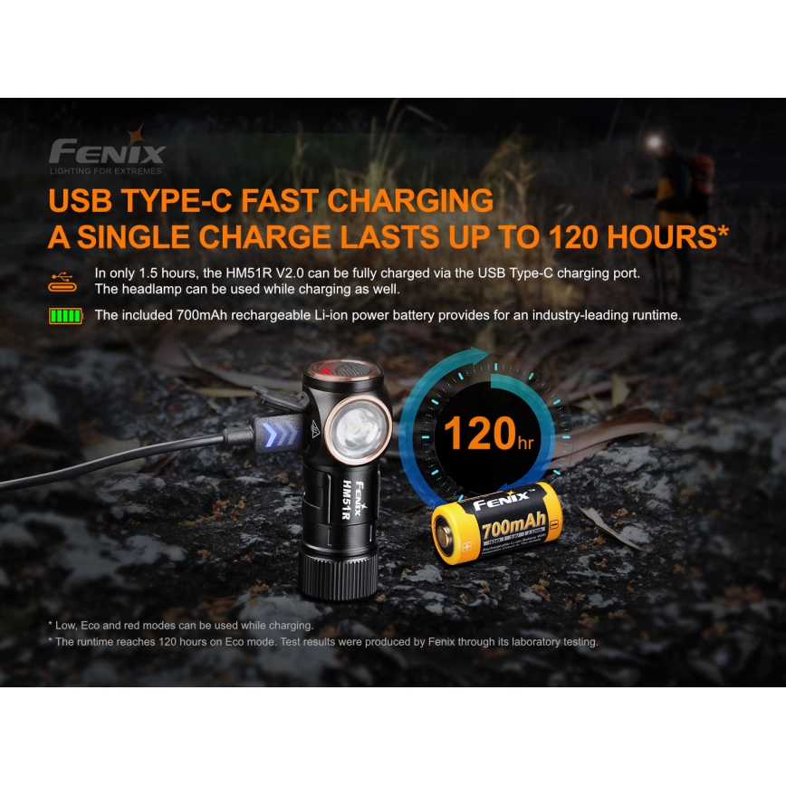 Fenix HM51RV20 - LED Rechargeable headlamp 3xLED/1xCR123A IP68 700 lm 120 hrs