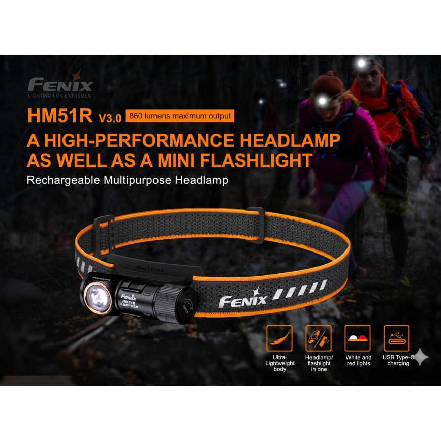 Fenix HM51RV30 - LED Dimmable Rechargeable Headlamp LED/USB/1xCR123A 950 mAh IP68 860 lm 125 h Orange