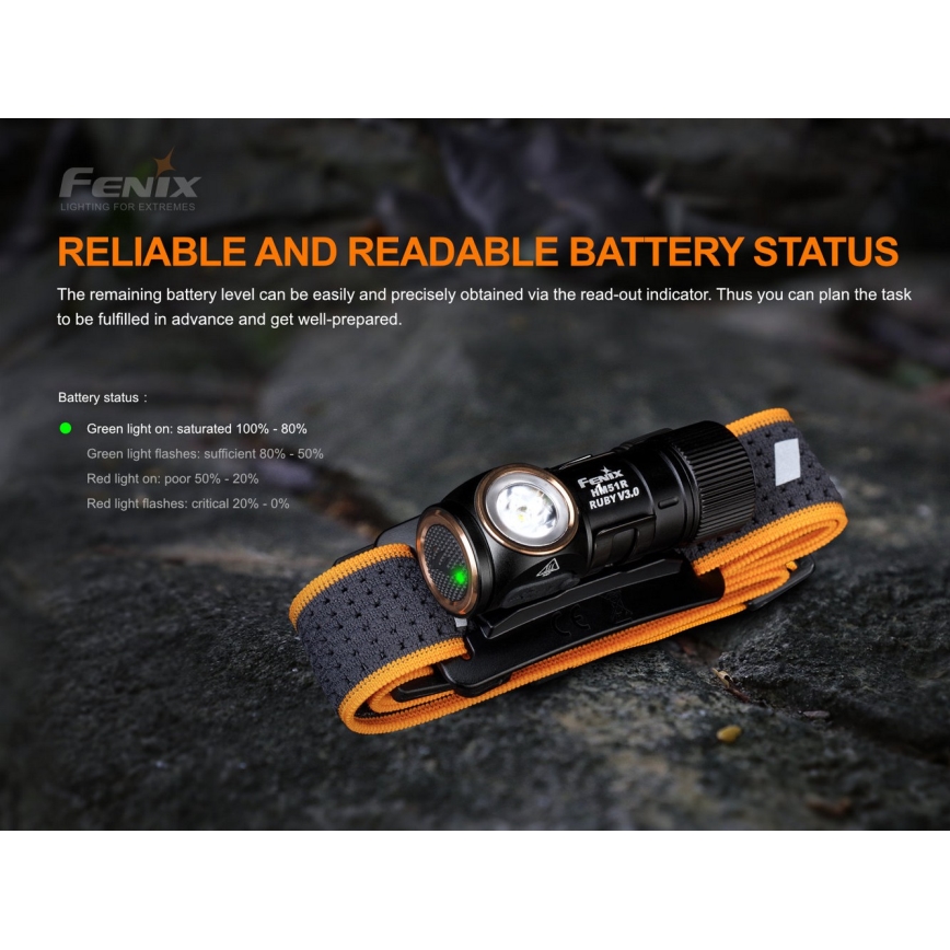 Fenix HM51RV30 - LED Dimmable Rechargeable Headlamp LED/USB/1xCR123A 950 mAh IP68 860 lm 125 h Orange