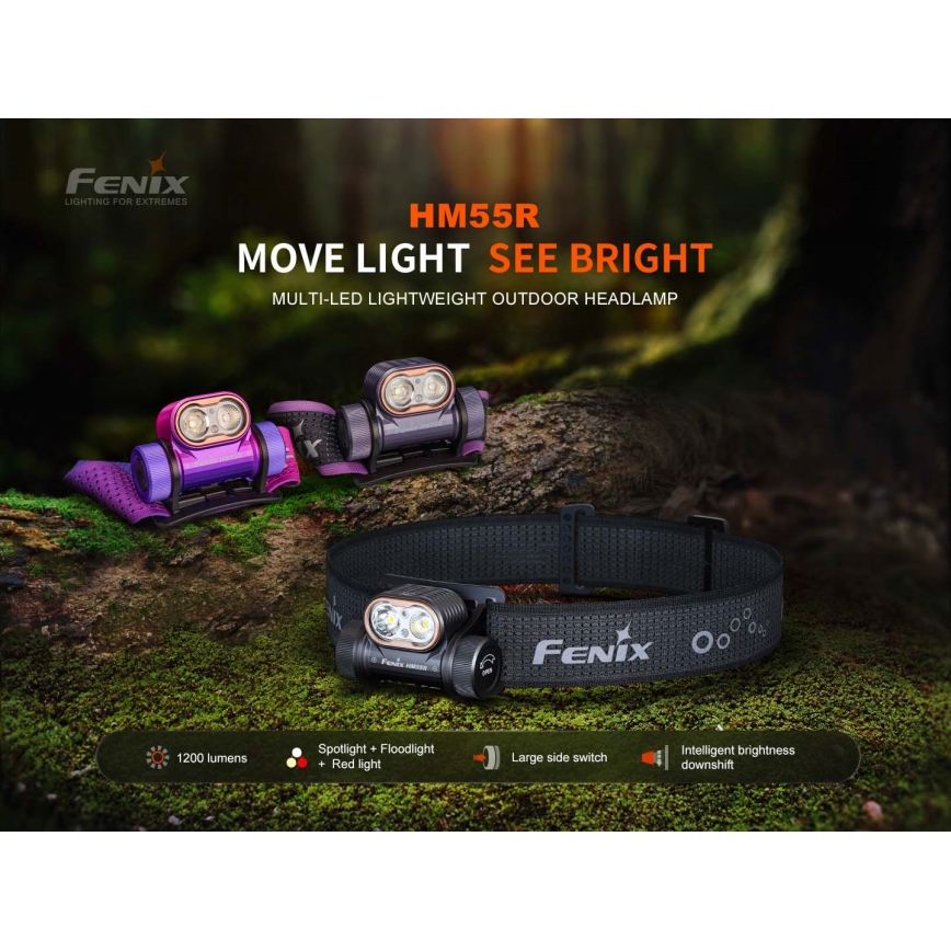 Fenix HM55RNBL - Dimmable LED Rechargeable Headlamp LED/USB/1xCR123A 1600 mAh IP68 1200 lm 141.2 h Purple