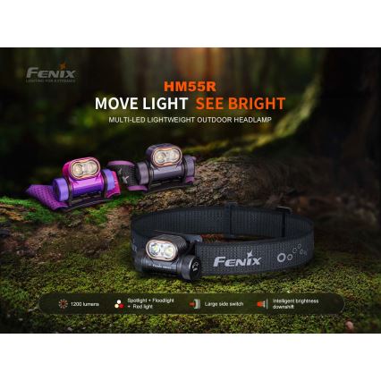 Fenix HM55RPRP - Dimmable rechargeable LED headlamp LED/USB/1xCR123A 1600 mAh IP68 1200 lm 141.2 h purple/black