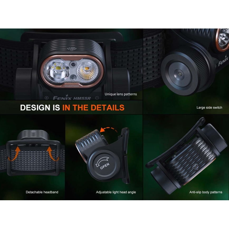 Fenix HM55RPRP - Dimmable rechargeable LED headlamp LED/USB/1xCR123A 1600 mAh IP68 1200 lm 141.2 h purple/black