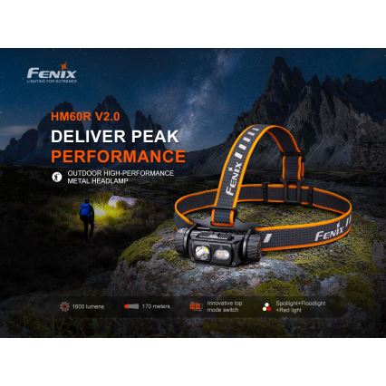 Fenix HM60RV20 - Dimmable LED Rechargeable Headlamp LED/USB 4000 mAh IP68 1600 lm 292 h Orange
