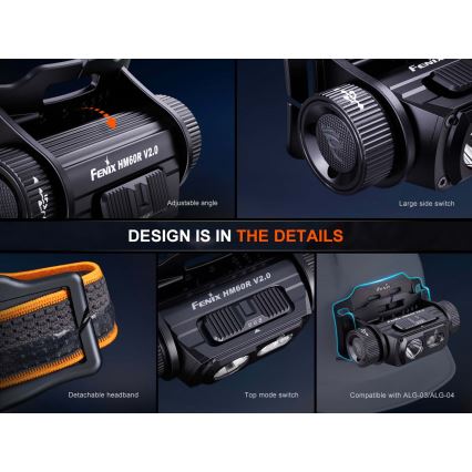 Fenix HM60RV20 - Dimmable LED Rechargeable Headlamp LED/USB 4000 mAh IP68 1600 lm 292 h Orange