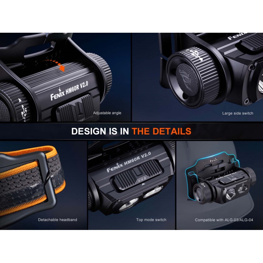 Fenix HM60RV20 - Dimmable LED Rechargeable Headlamp LED/USB 4000 mAh IP68 1600 lm 292 h Orange