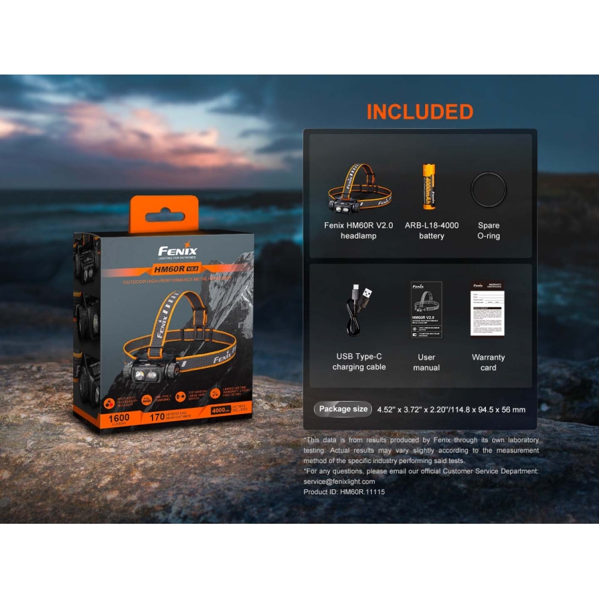 Fenix HM60RV20 - Dimmable LED Rechargeable Headlamp LED/USB 4000 mAh IP68 1600 lm 292 h Orange