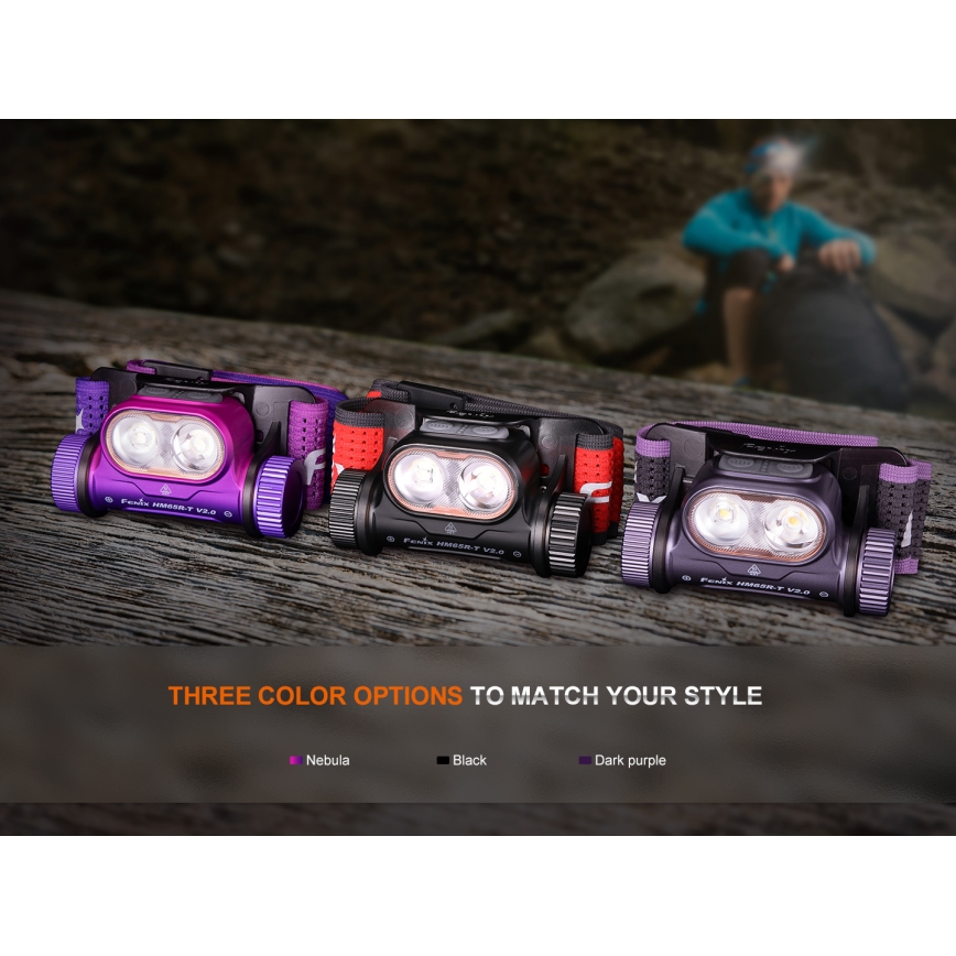 Fenix HM65RTV20PRP - LED Dimmable rechargeable headlamp LED/USB IP68 1600 lm 300h black/purple
