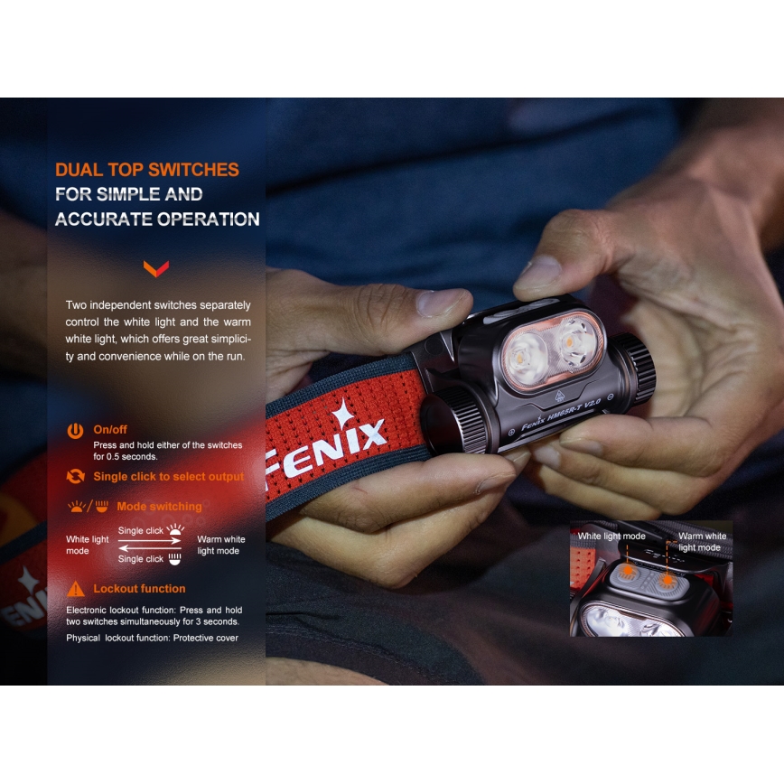 Fenix HM65RTV20PRP - LED Dimmable rechargeable headlamp LED/USB IP68 1600 lm 300h black/purple