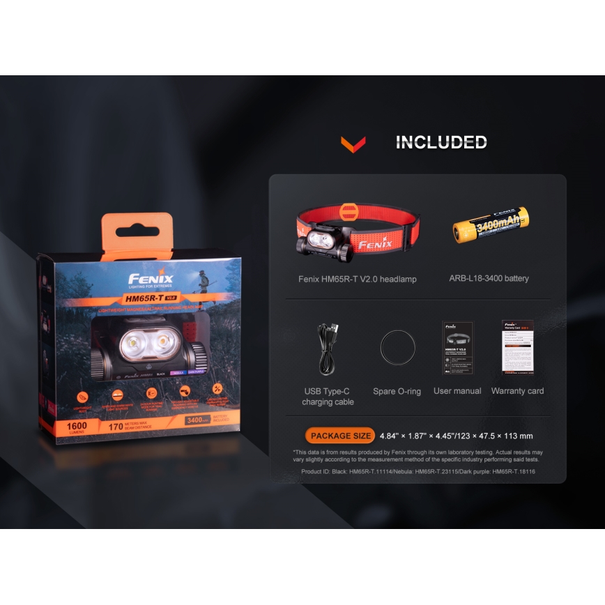Fenix HM65RTV20PRP - LED Dimmable rechargeable headlamp LED/USB IP68 1600 lm 300h black/purple