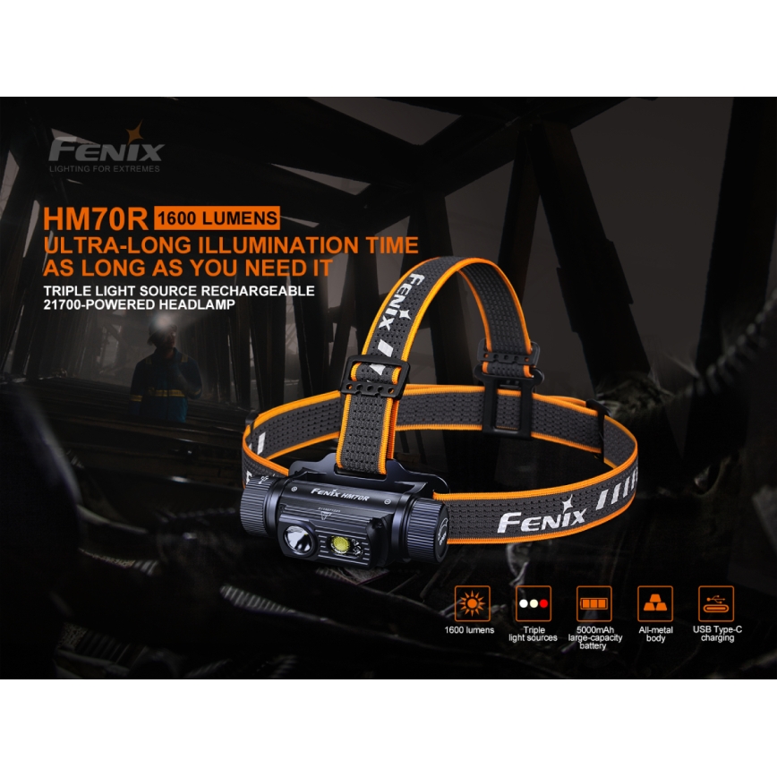 Fenix HM70R - LED Rechargeable headlamp 4xLED/1x21700 IP68 1600 shiny 800 h 5000 mAh