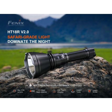Fenix HT18RV20 - Dimmable Rechargeable LED Flashlight with USB, 6000 mAh, IP68, 3700 lm, 87 h, Black