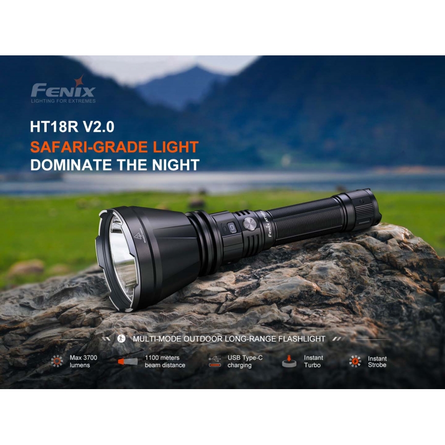 Fenix HT18RV20 - Dimmable Rechargeable LED Flashlight with USB, 6000 mAh, IP68, 3700 lm, 87 h, Black
