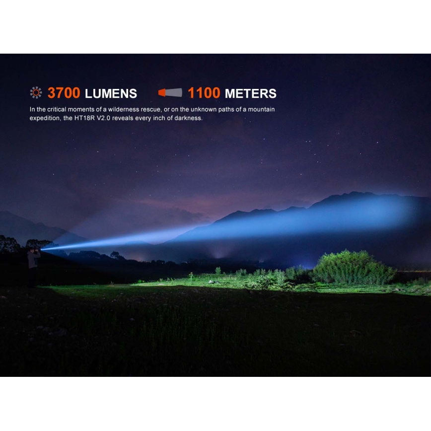 Fenix HT18RV20 - Dimmable Rechargeable LED Flashlight with USB, 6000 mAh, IP68, 3700 lm, 87 h, Black