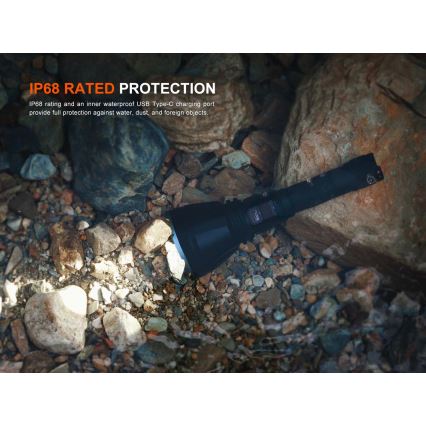 Fenix HT18RV20 - Dimmable Rechargeable LED Flashlight with USB, 6000 mAh, IP68, 3700 lm, 87 h, Black