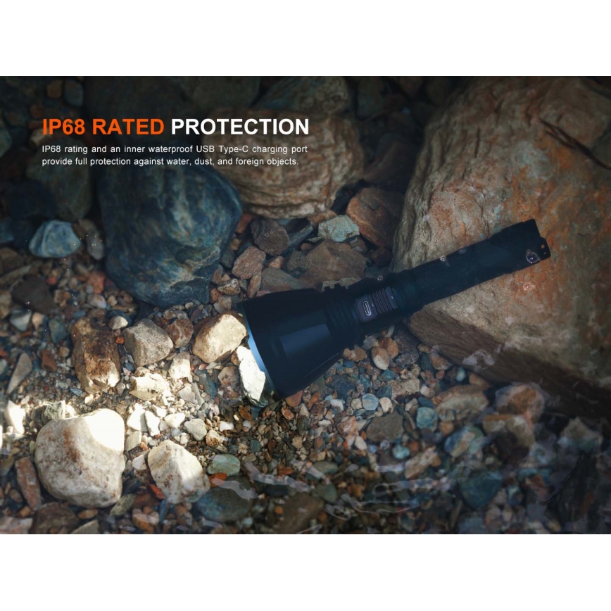 Fenix HT18RV20 - Dimmable Rechargeable LED Flashlight with USB, 6000 mAh, IP68, 3700 lm, 87 h, Black