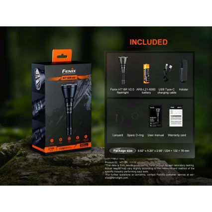 Fenix HT18RV20 - Dimmable Rechargeable LED Flashlight with USB, 6000 mAh, IP68, 3700 lm, 87 h, Black