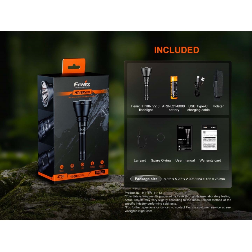 Fenix HT18RV20 - Dimmable Rechargeable LED Flashlight with USB, 6000 mAh, IP68, 3700 lm, 87 h, Black