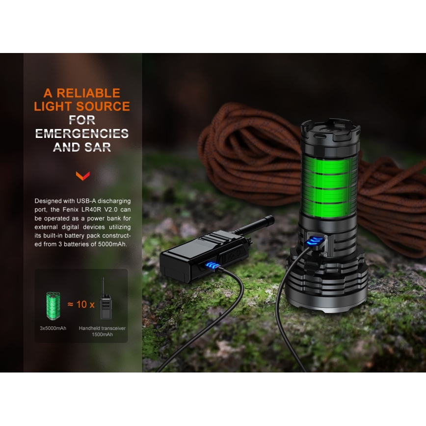 Fenix LR40RV20 - LED Rechargeable flashlight LED/USB IP68 15000 lm 177 h 5000 mAh