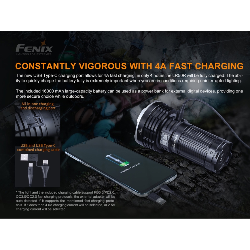 Fenix LR50R - LED Rechargeable flashlight 4xLED/USB IP68 12000 lm 58 hrs