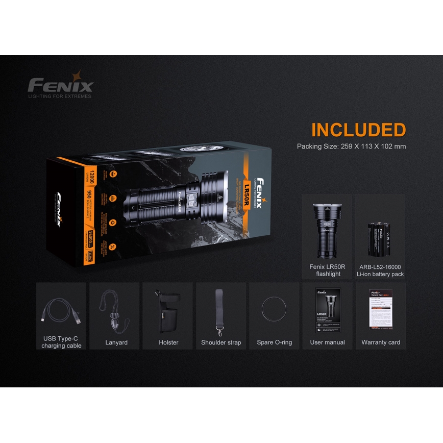 Fenix LR50R - LED Rechargeable flashlight 4xLED/USB IP68 12000 lm 58 hrs