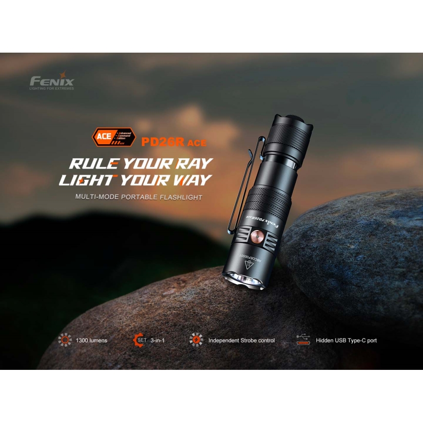Fenix PD26RACE - Dimmable Rechargeable LED Flashlight LED/USB, 1600 mAh, IP68, 1300 lm, 556 h, black