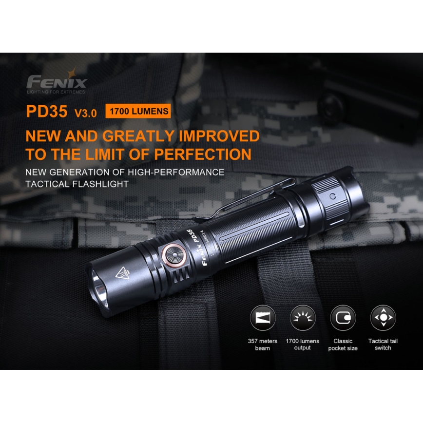 Fenix PD35V30 - LED Rechargeable flashlight LED/USB/2xCR123A IP68 1700 shiny 230 h 2600 mAh