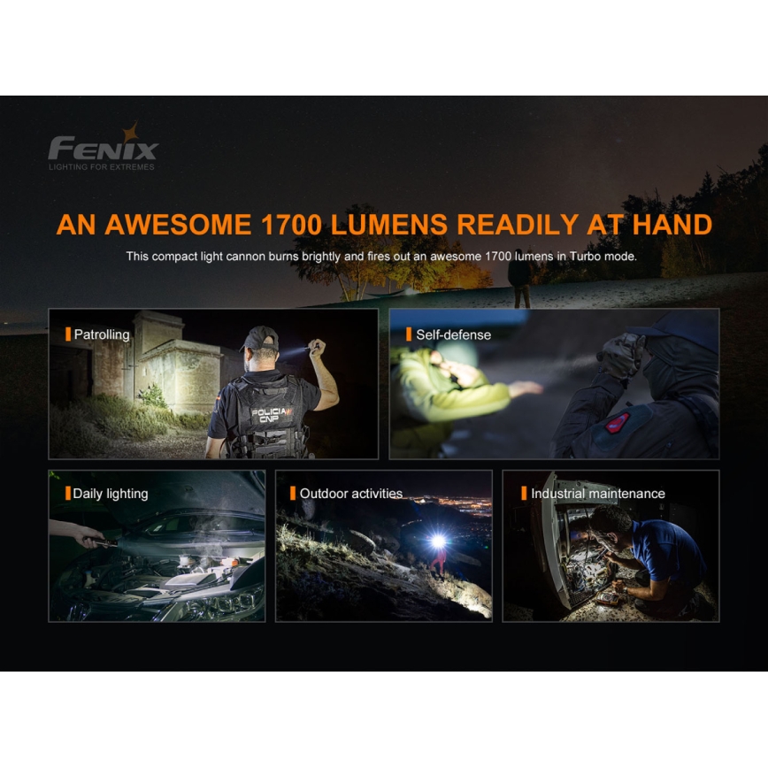 Fenix PD35V30 - LED Rechargeable flashlight LED/USB/2xCR123A IP68 1700 shiny 230 h 2600 mAh