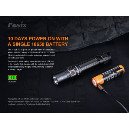 Fenix PD35V30 - LED Rechargeable flashlight LED/USB/2xCR123A IP68 1700 shiny 230 h 2600 mAh