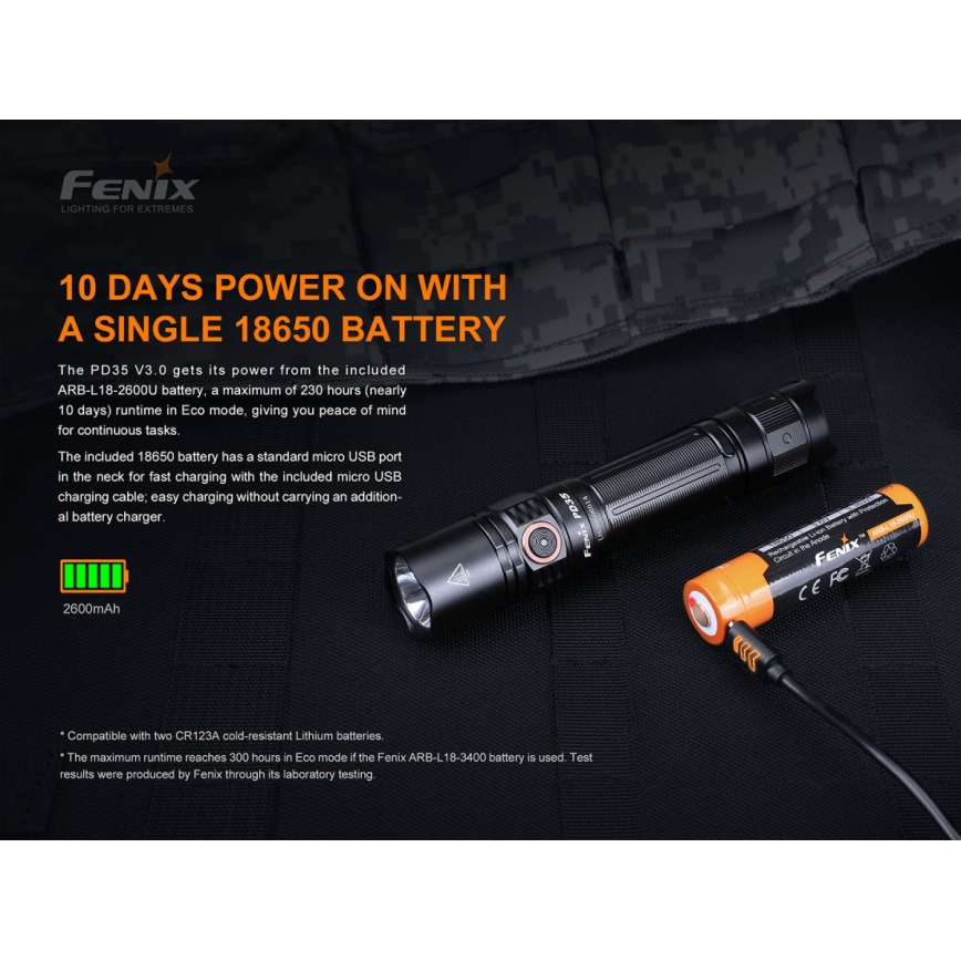 Fenix PD35V30 - LED Rechargeable flashlight LED/USB/2xCR123A IP68 1700 shiny 230 h 2600 mAh