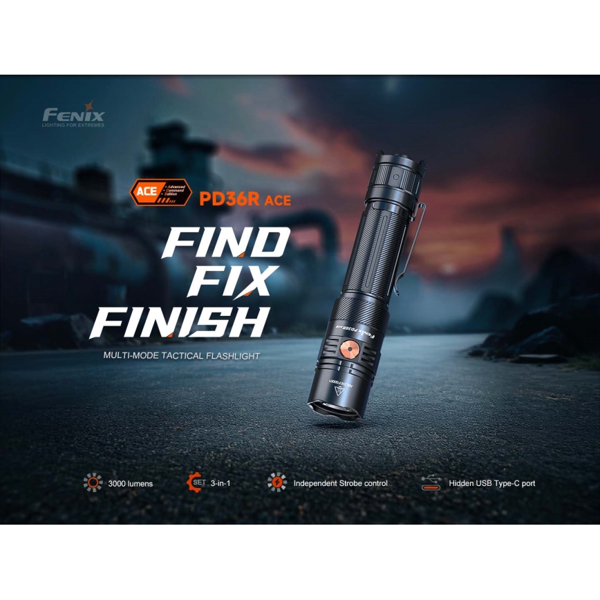 Fenix PD36RACE - Dimmable USB-rechargeable LED flashlight, 5000 mAh, IP68, 3000 lm, 63.45 h, black