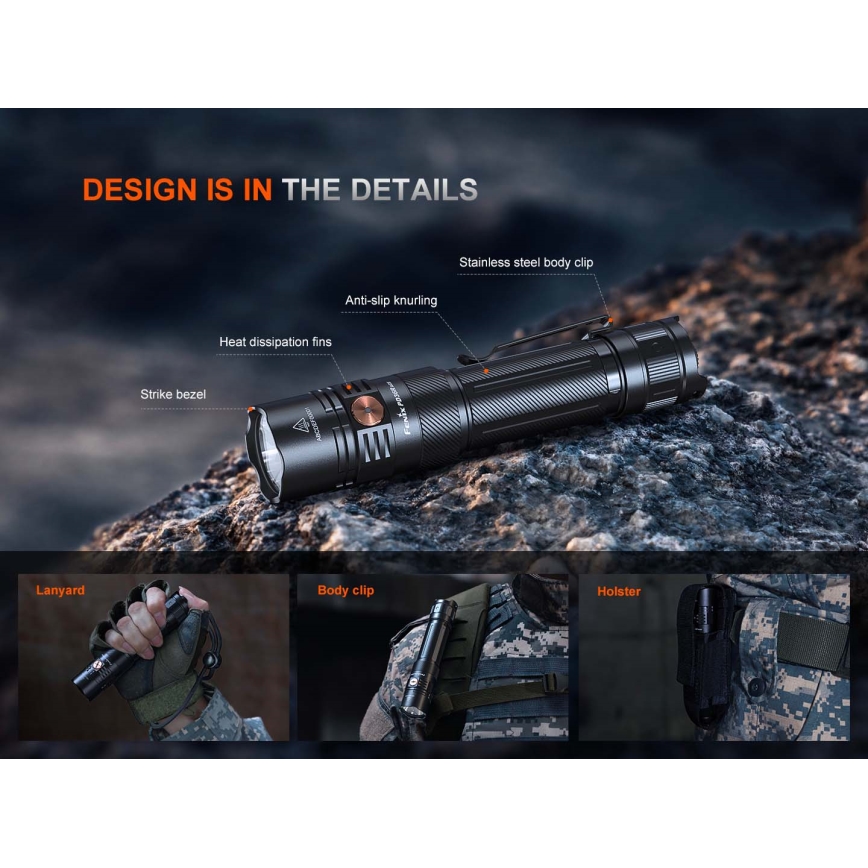 Fenix PD36RACE - Dimmable USB-rechargeable LED flashlight, 5000 mAh, IP68, 3000 lm, 63.45 h, black
