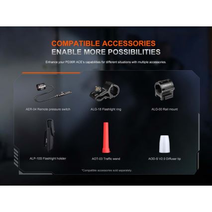 Fenix PD36RACE - Dimmable USB-rechargeable LED flashlight, 5000 mAh, IP68, 3000 lm, 63.45 h, black