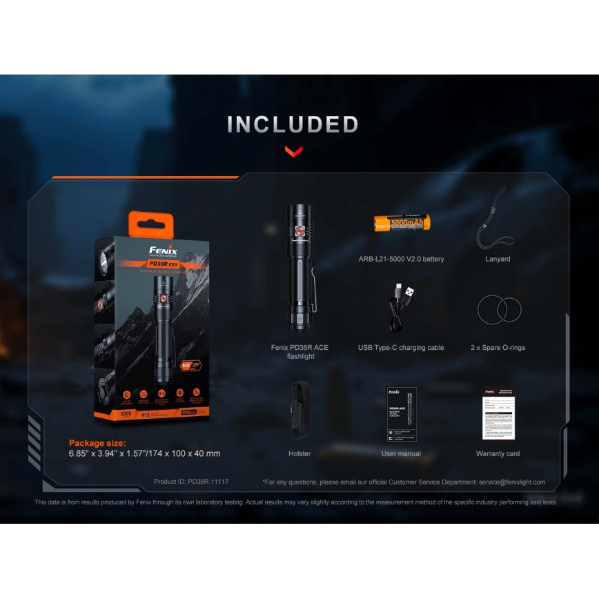 Fenix PD36RACE - Dimmable USB-rechargeable LED flashlight, 5000 mAh, IP68, 3000 lm, 63.45 h, black